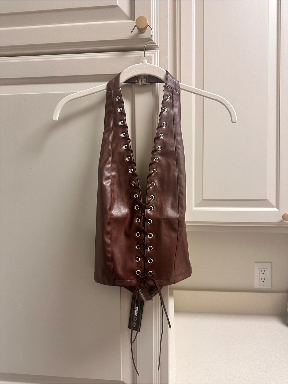 Fashion Nova Brown Lace-Up Faux Leather Halter Top